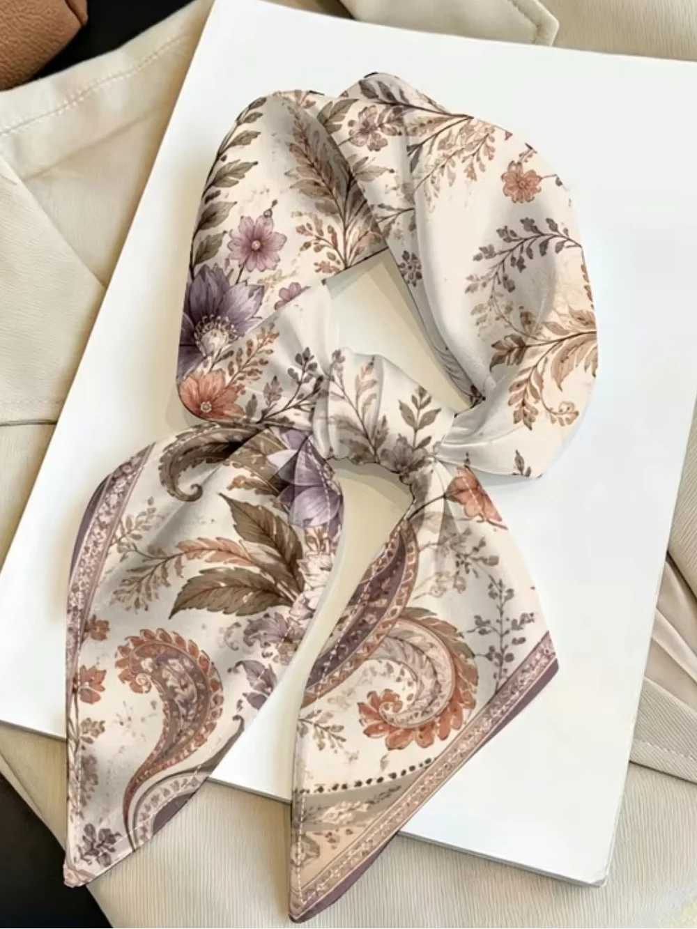 Floral Paisley Silk-Feel Scarf in Cream and Lavender 19”
